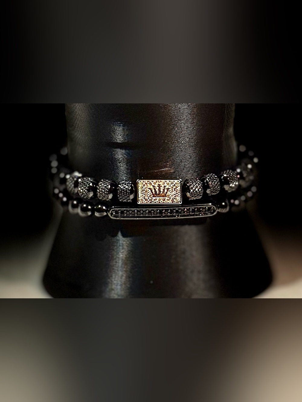 Double Unisex Gold and Black Beaded Bracelet Crown Accent